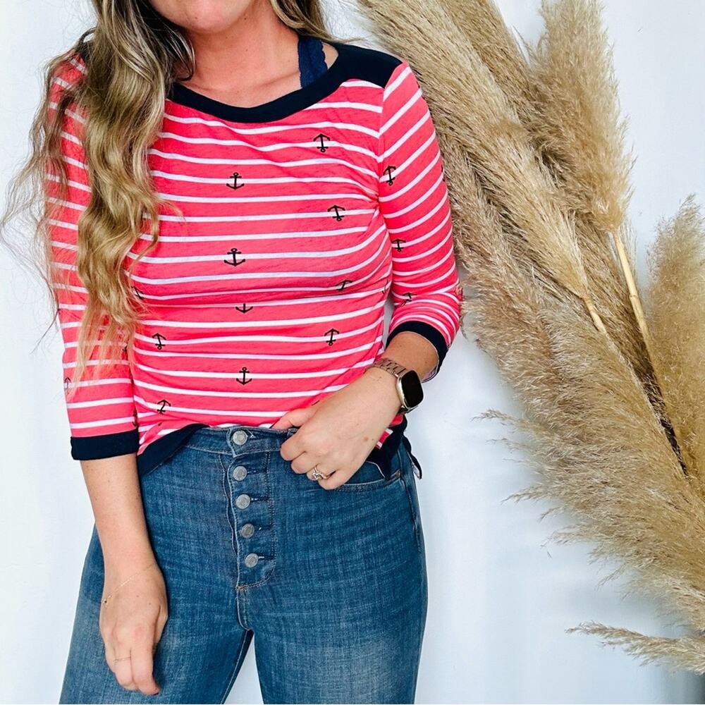 TOMMY HILFIGER Navy Blue Pink White Stripe Anchor Boat Neck Tee T Shirt Top XS